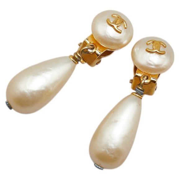 CHANEL Coco Mark Pearl Earrings, Gold and White Plated, Women's - Picture 1 of 7